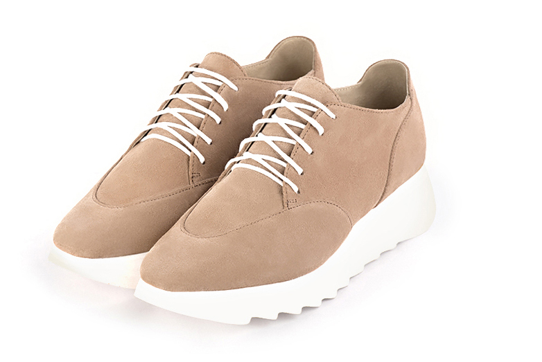 Biscuit beige women's casual lace-up shoes. Square toe. Low rubber soles. Front view - Florence KOOIJMAN